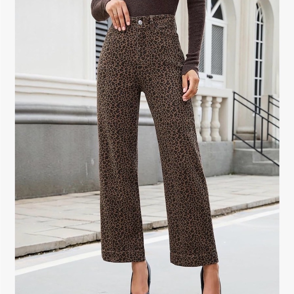 High-Rise Brown Leopard Print Wide-Leg Jeans